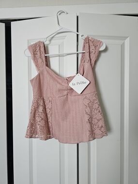 La Peche Blush Pink Lace-Trim Peplum Tank Top